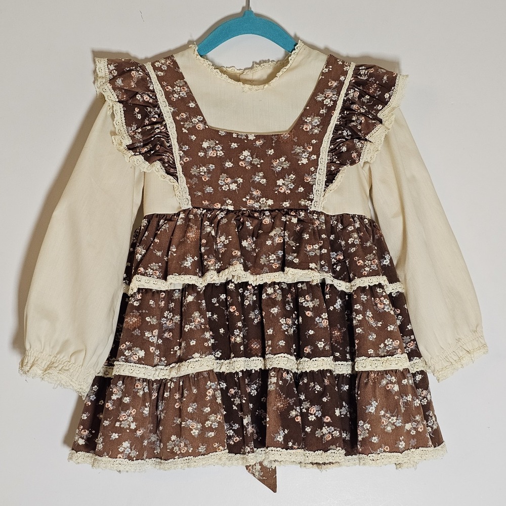 Vintage Dress Girls 6 Brown Floral Ruffle Lace Jumper Style Prairie Cottage Doll